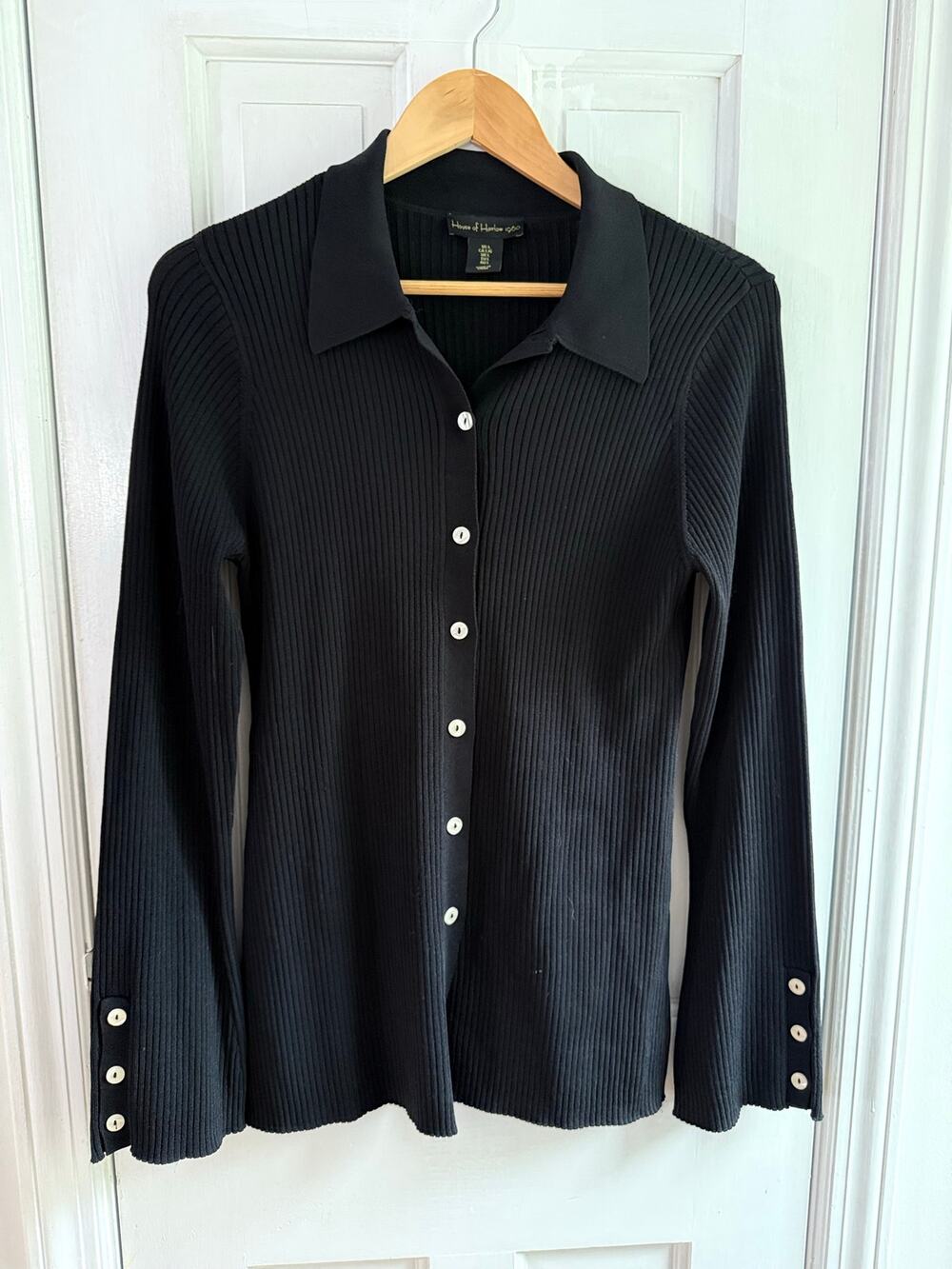House of Harlow 1960 Ribbed Knit Cardigan Top Womens Large Black Button Front L